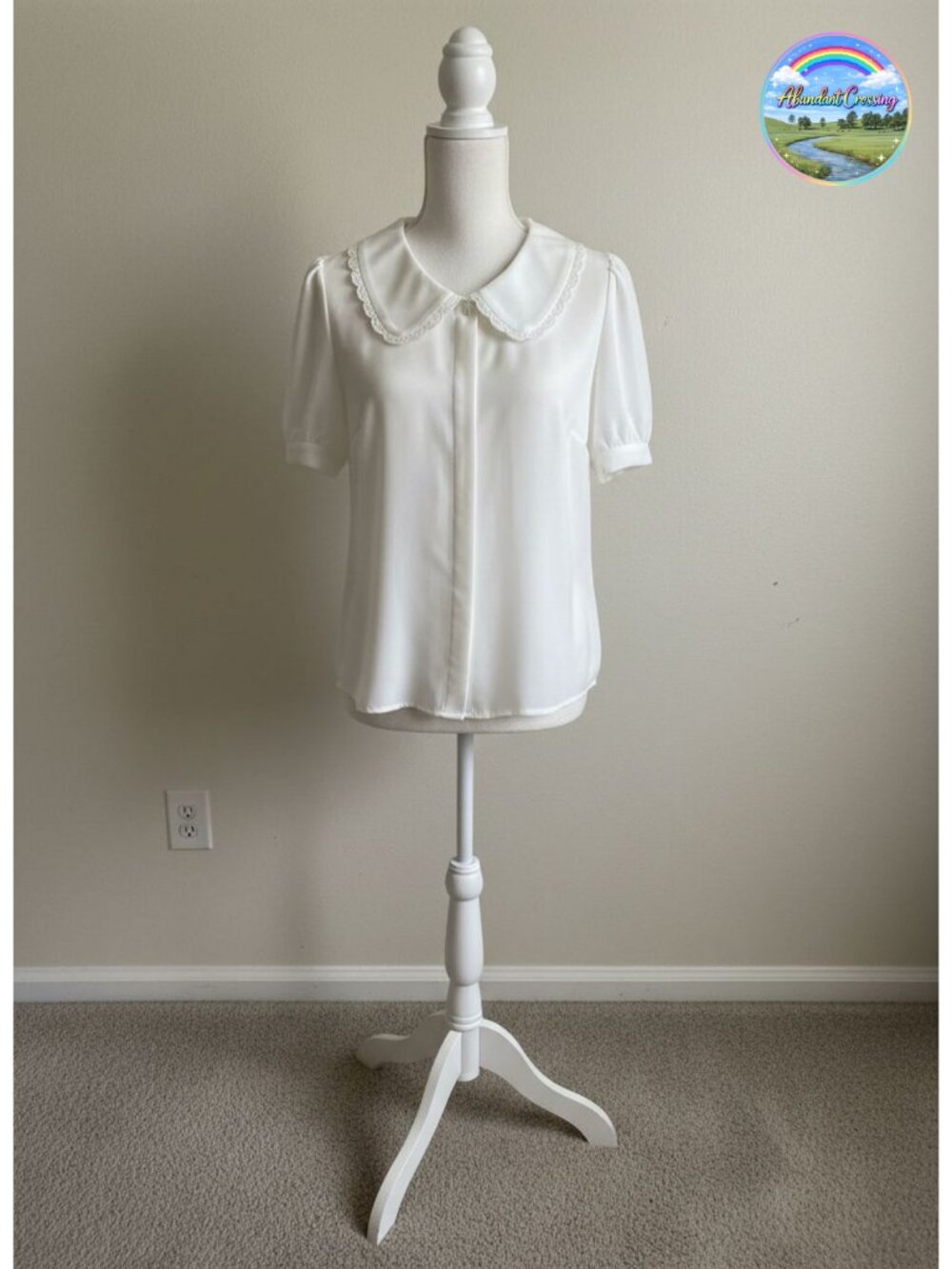 Peter Pan Collar Button Down Blouse Puff Short Sleeve Retro Vintage Top